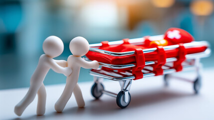 Stick figure assisting another stretcher, society's healthcare access role, collective wellbeing caring, community support symbolism, medical aid representation, with copy space
