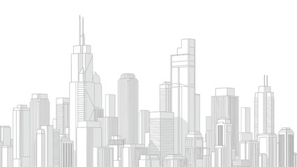 Fototapeta premium Detailed black and white line art drawing depicting a dense and modern metropolitan cityscape with numerous towering skyscrapers against a bright white background