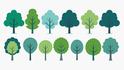 a collection of stylized trees in varying shades of green and teal is displayed in a simple flat design showcasing nature s diversity high quality professional