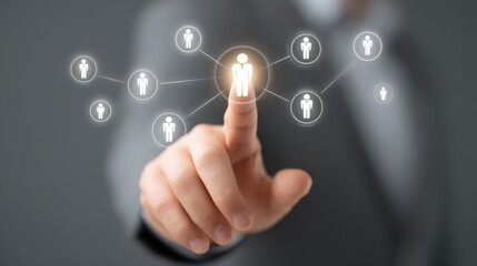 Business professional using touch screen interface to connect with digital network of people representing social media and communication technology