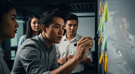 A group of professionals gathered around a screen displaying multiple images in a modern office setting