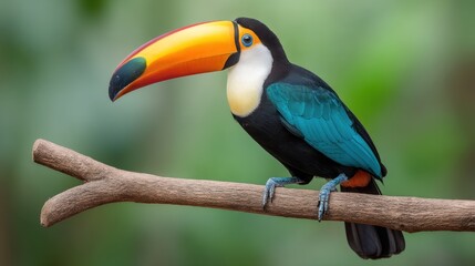 Fototapeta premium Vibrant toucan perched on a branch showcasing its colorful beak and striking blue feathers in a lush tropical environment with blurred background