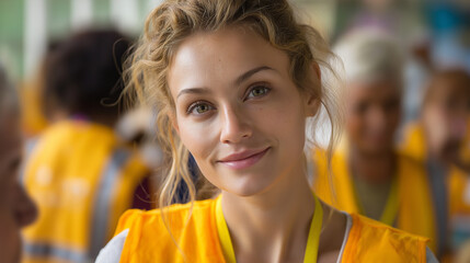 Woman volunteer portrait display, community service dedication, charitable work representation, social support activity, humanitarian effort showcase, defocused background, with co