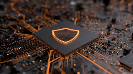 Close-up view of a microchip with an illuminated shield symbol, set against a dark, intricate circuit board backdrop with glowing orange lines