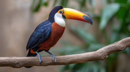 Obraz premium Vibrant Bird Perched on a Branch with Colorful Beak Surrounded by Lush Greenery in a Tropical Environment