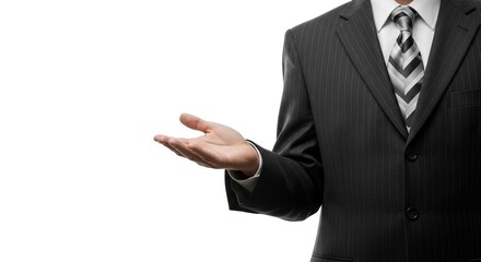 A businessman gesturing with an open hand against a white background