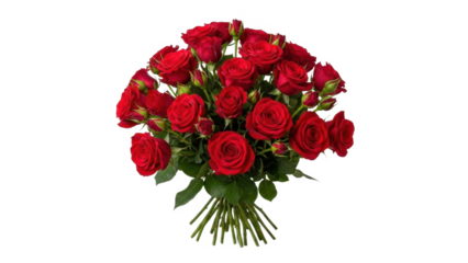 A beautiful bouquet of red roses on a transparent background with green stems