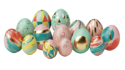 Collection of colorful easter eggs with various patterns isolated on transparent background