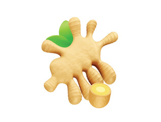 Obraz premium Ginger Root with Green Leaves and Cut Slice icon 3d illustratio