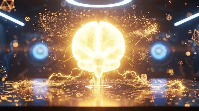 Abstract glowing brain hologram with data particles and futuristic interface
