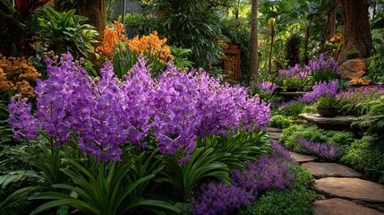 Obraz premium Serene and Lush Tropical Orchid Garden with Stone Path and Foliage