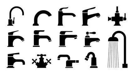 A collection of black silhouettes of bathroom faucets and fixtures arranged in three rows against a white background.