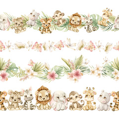 Cute Animals Tropical Plants Seamless Borders Set. Safari Jungle Exotic Flower leaves Watercolor hand painted summer pastel neutral isolated illustration on white background for nursery kids baby card