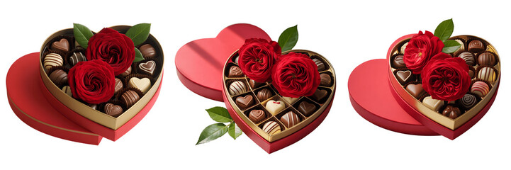Heart shaped boxes with roses and chocolates inside isolated on transparent background