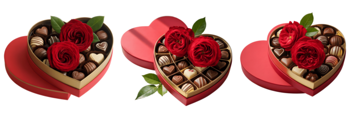 Heart shaped boxes with roses and chocolates inside isolated on transparent background