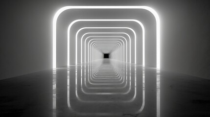 Monochrome corridor of illuminated archways recedes into a glossy vanishing point, using symmetry and reflection. Sense of infinity and calm minimalism. Strong perspective lines and repeated arches