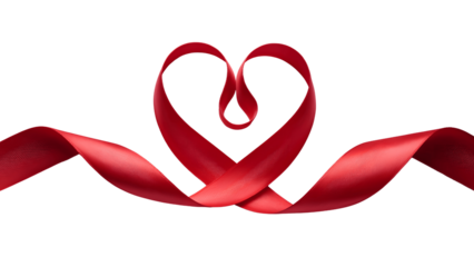 Red ribbon forming a heart shape on transparent background