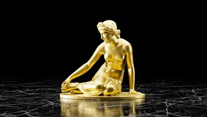 Golden Classical [Reclining / Seated] Statue on Black Marble Floor - Luxury 3D Illustration