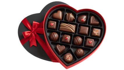 Assorted chocolates in heart shaped box with red ribbon isolated on transparent background