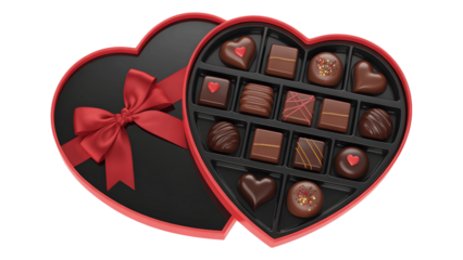 Open heart shaped box of assorted chocolates on white isolated on transparent background