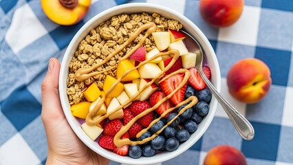 Delicious and healthy fruit and granola bowl held in hand
