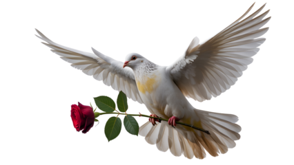 White dove flying with a red rose on transparent background