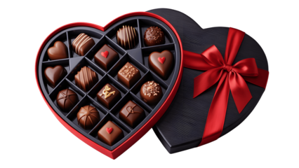 Open heart shaped box of assorted chocolates isolated on transparent background