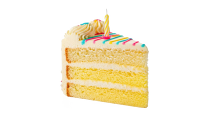 A slice of yellow cake with white frosting and colorful sprinkles on top isolated on transparent background