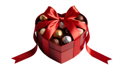 Heart shaped box of assorted chocolates with red ribbon isolated on transparent background