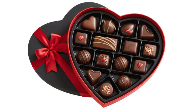 Assorted chocolates in heart shaped box with red ribbon isolated on transparent background