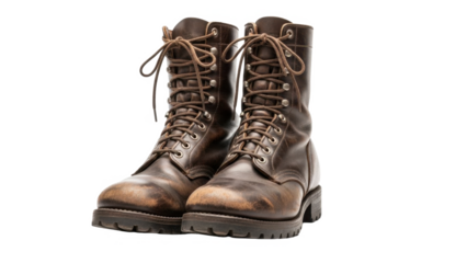 Brown leather combat boots with laces and rugged soles isolated on transparent background
