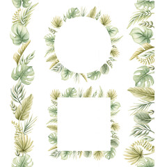 Monstera Palm Leaves wreath frame seamless border set. Tropical green plant. Watercolor hand painted summer pastel neutral isolated illustration on white background for nursery kids baby safari design