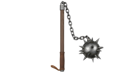 A flail with a spiked metal ball on a chain and wooden handle isolated on transparent background