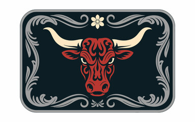 Obraz premium Decorative Silver Western Belt Buckle with Longhorn Bull Skull Centerpiece and Elegant Flower Patterns Embossed Metal Emblem of American Frontier Spirit and Cowboy Fashion