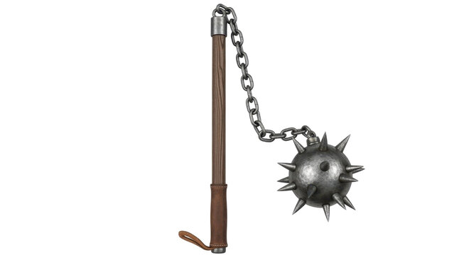A flail with a spiked metal ball on a chain and wooden handle isolated on transparent background