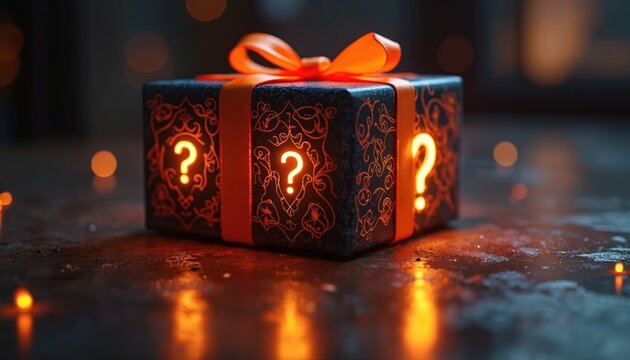 Dark gift box tied with orange ribbon features glowing question marks on sides. Abstract patterns adorn surface, suggesting mystery prize or unknown content. Use for promotions, surprises, or gaming.