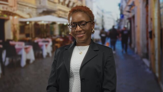 Woman wearing glasses and gold earrings smiles amid restaurant terrace tables on street; confidence empowerment.