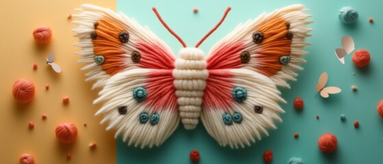 Colorful Yarn Butterfly Art on Split Yellow and Teal Background with Yarn Balls and Paper Butterflies