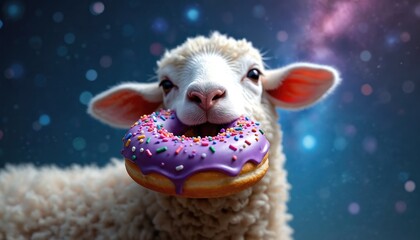 Fluffy sheep eats purple donut with sprinkles. Animal enjoys sweet pastry in starry galaxy sky. Whimsical scene with cosmos and bokeh lights.