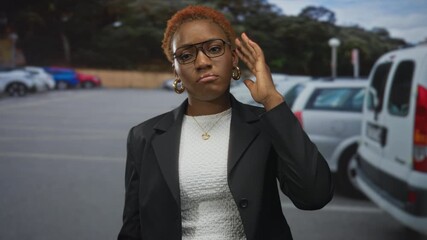Young african american woman holds head with hand on street beside white and red parked cars in a crowded parking area; stress frustration.