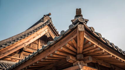 Two carved wooden beams intersect at the top of a traditional roof, highlighted against a clear sky, emphasizing rustic architecture details.
