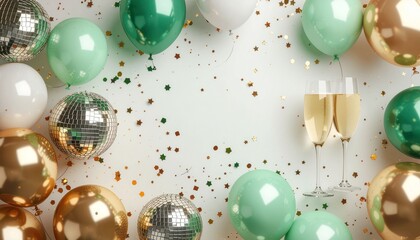 A light green and gold background perfect for celebrating achievements or a lavish birthday party, decorated with balloons, disco balls, confetti, and champagne glasses, with space for a message.