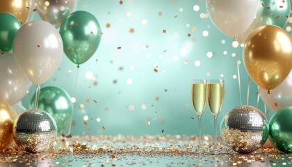 A light green and gold background perfect for celebrating achievements or a lavish birthday party, decorated with balloons, disco balls, confetti, and champagne glasses, with space for a message.