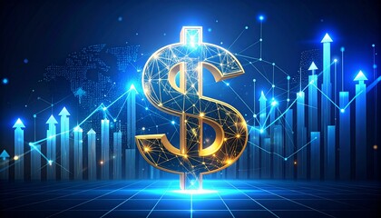 Golden dollar sign with glowing blue graphs and charts rising