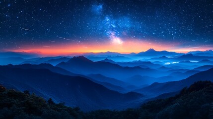 Deep blue mountain ranges under a starry night sky with colorful sunset landscape