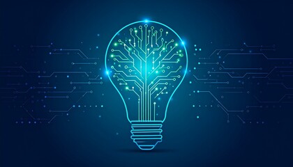 Innovative technology concept with glowing blue light bulb and circuit board design