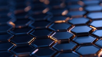 Obraz premium A close-up view of interlocking hexagonal shapes with a sleek, reflective surface, Ideal for technology, design, or abstract art projects, symbolizing connectivity and modernity,