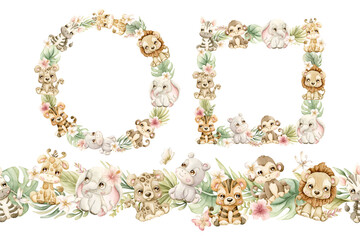 Cute Animals Plants Wreath Frame Seamless Border Set. Safari Jungle Tropical Exotic Flower leaves Watercolor hand painted summer pastel neutral isolated illustration on white background for kids baby