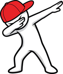 A cartoon character wearing a red baseball cap dabbing with one hand covering face and other arm extended outward isolated on