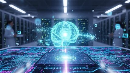 Futuristic AI Brain Hologram in Server Room with Data Streams - Powered by Adobe
